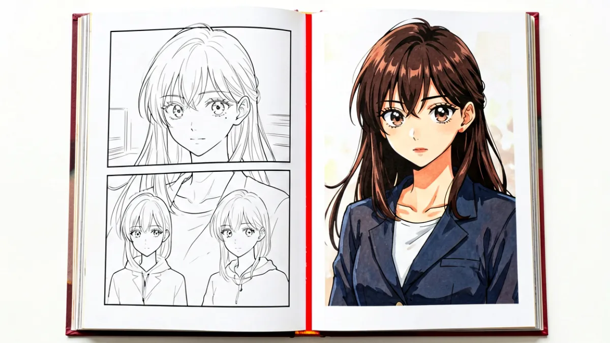 一本打开的漫画书，左侧页面是典型的日式少年漫画分镜，右侧页面是韩漫式细腻上色风格，两页之间用红色分割线隔开
