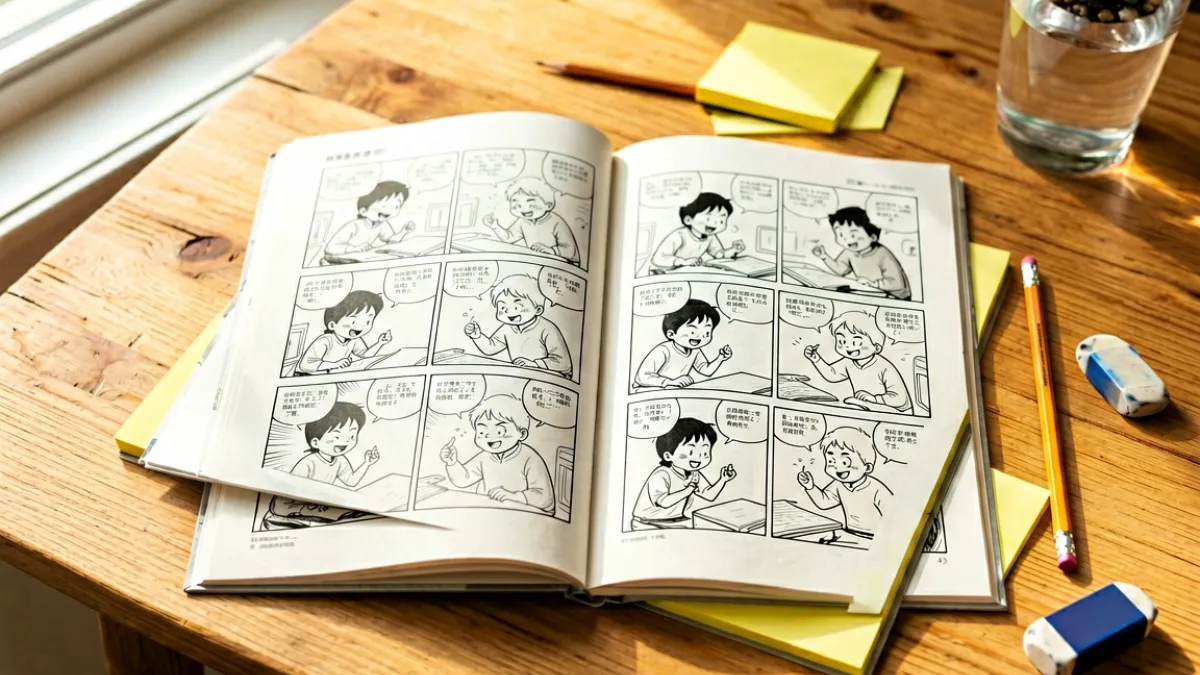 一本打开的成人漫画册平铺在木质桌面上，旁边放着一支铅笔和一个便签本，页面展示了分镜稿的细节，光线从左侧窗户洒入，营造出安静创作的日常氛围