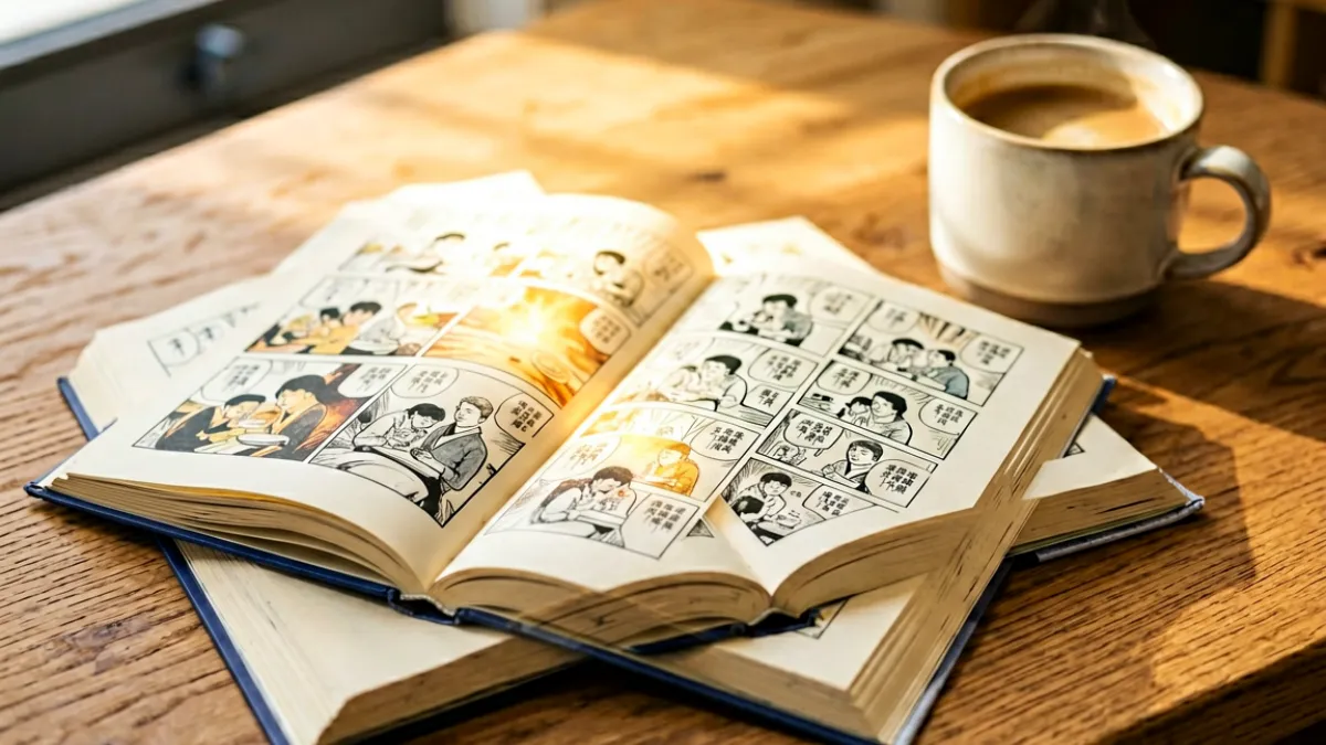 一本打开的漫画书放在木质桌面上，书页间透出温暖的灯光，旁边放着一杯咖啡，营造出安静阅读的氛围