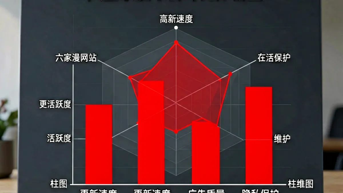 天堂禁漫平台对比分析图：六家漫画网站在活跃度、更新速度、广告质量和隐私保护四个维度的雷达评分柱状图，深灰色背景配红色高亮数据条